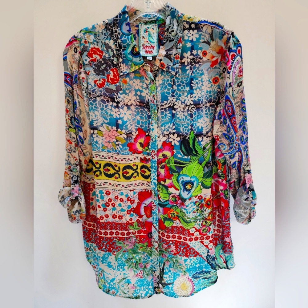 JOHNNY WAS BUTTON UP  LONG SLEEVE BLOUSE MULTICOLOR PRINT ROOMY PETITE XS NWOT